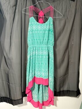 Umgee Turquoise and Hot Pink Patterned High-Low Dress